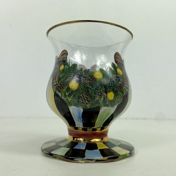 Mackenzie-Childs Evergreen Painted Glass Water Goblet Footed Dessert Christmas - Picture 4 of 7